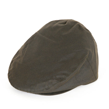 Olive green Barbour waxed cotton flat cap with a classic country-style design on a white background.