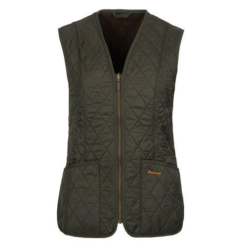 Olive green Barbour Betty quilted fleece-lined gilet with a zip front, deep patch pockets, and contrast logo embroidery.