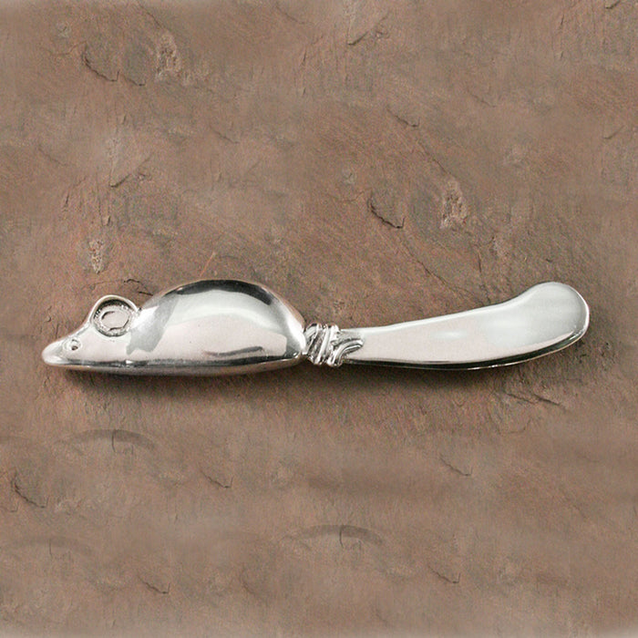 Beatriz Ball aluminum alloy cheese spreader featuring a whimsical mouse design, 8 inches long with a polished silver finish.