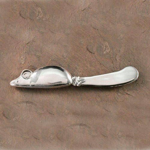 Beatriz Ball aluminum alloy cheese spreader featuring a whimsical mouse design, 8 inches long with a polished silver finish.