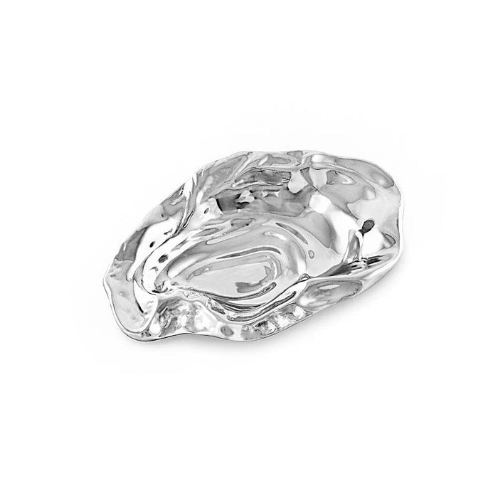 Handcrafted small oyster bowl in polished, lustrous recycled aluminum with an organic, textured shell-inspired design.