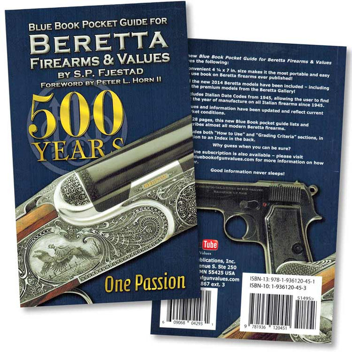Blue Beretta Firearms and Values pocket guide with gold text and detailed engravings of a shotgun and pistol on the cover.