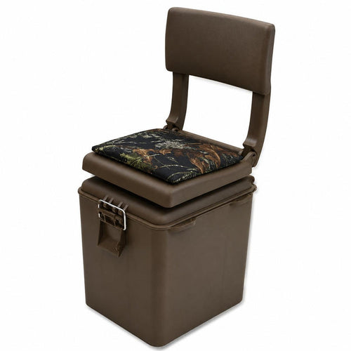 Brown 10-gallon bucket seat with a camo padded cushion, folding backrest, and swivel base for outdoor use.