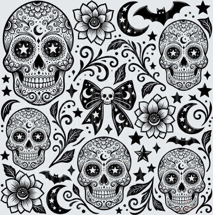 Black & White Sugar Skull Sheet – This is a 10x10 Cut / Peel / Stick Sheet