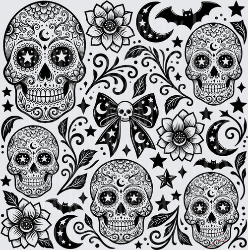 Black & White Sugar Skull Sheet – This is a 10x10 Cut / Peel / Stick Sheet