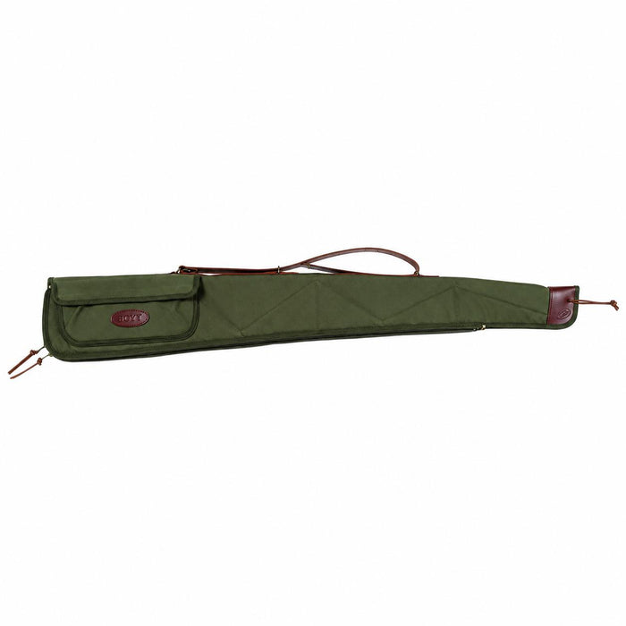 Olive green waxed canvas shotgun case with harness leather trim, brass hardware, and a side accessory pocket.