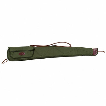 Olive green waxed canvas shotgun case with harness leather trim, brass hardware, and a side accessory pocket.