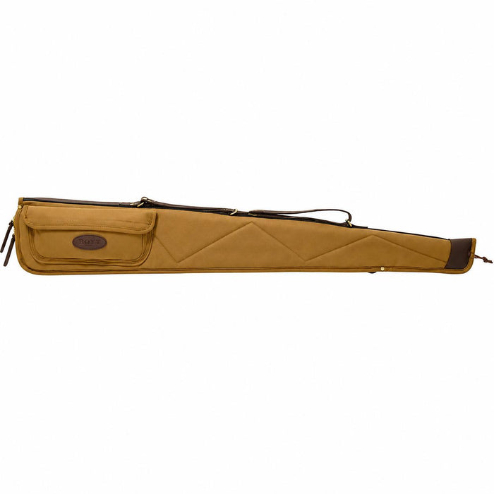 Tan waxed canvas shotgun case with harness leather trim, brass hardware, and a front accessory pocket on a white background.