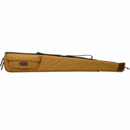 Tan waxed canvas shotgun case with harness leather trim, brass hardware, and a front accessory pocket on a white background.