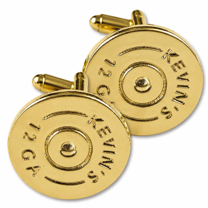 Polished brass shotgun shell cufflinks featuring 12 gauge engraving for a sophisticated, shooting-inspired formal accessory.