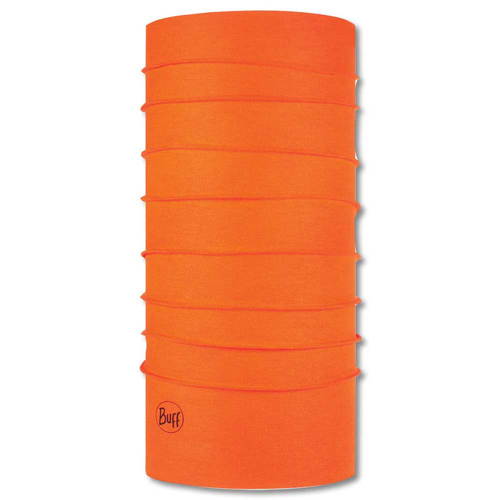 Bright orange Buff CoolNet UV+ seamless neck gaiter made from breathable, stretchy moisture-wicking fabric.