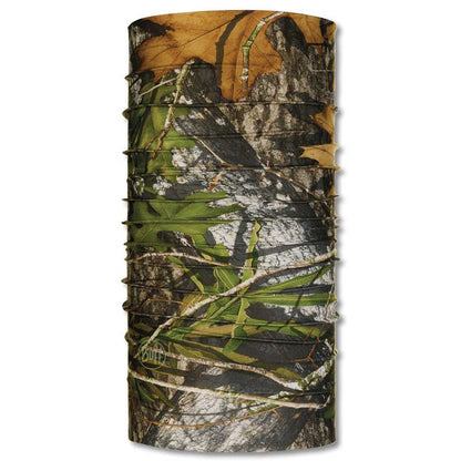 Buff CoolNet UV+ seamless neck gaiter featuring a realistic woodland camouflage pattern for outdoor sun protection.