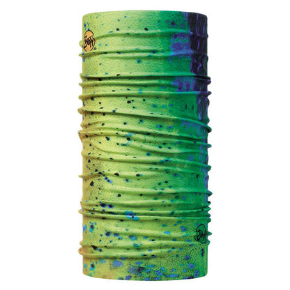 Seamless Buff CoolNet UV+ headwear in a green and blue speckled fish-scale pattern with a breathable, stretchy fabric.