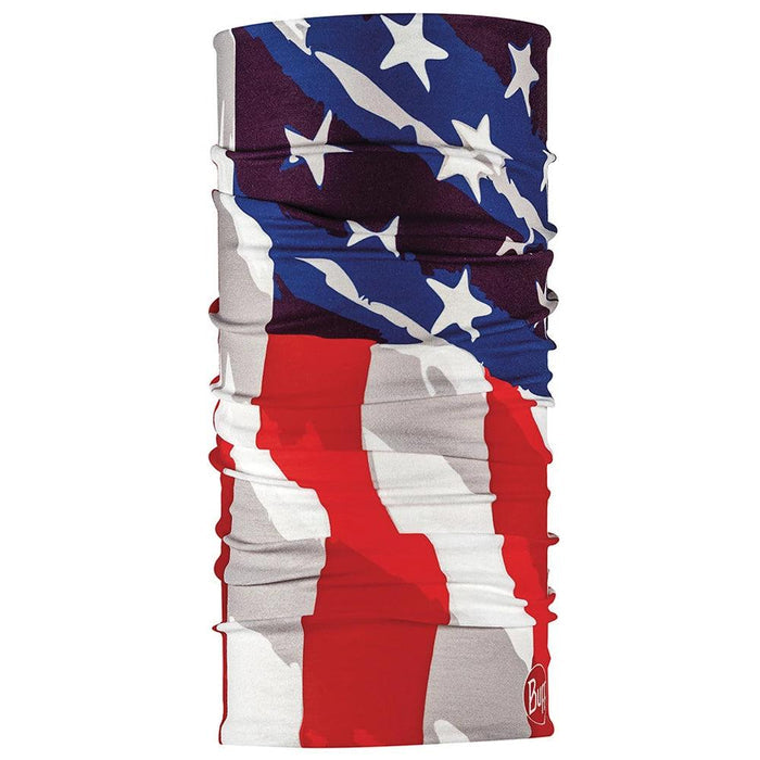 Buff CoolNet UV+ seamless headwear featuring a red, white, and blue American flag print on breathable, stretchy fabric.
