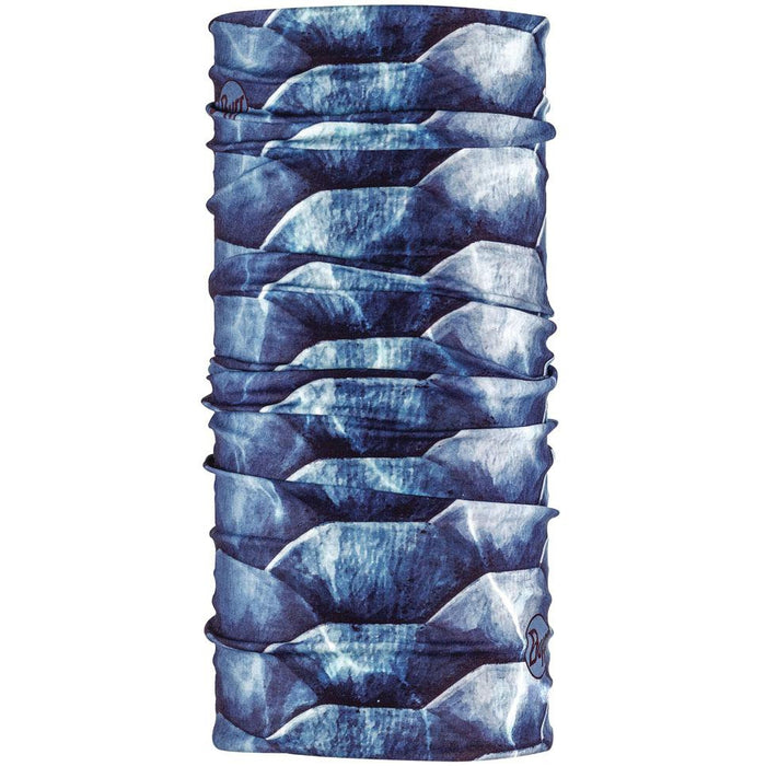 Buff CoolNet UV+ seamless neck gaiter in a blue and white abstract water pattern made from stretchy, breathable fabric.
