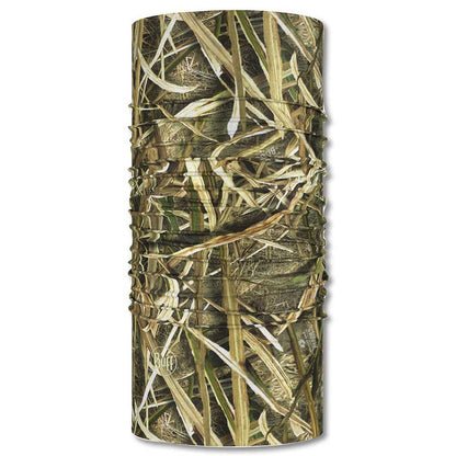Buff CoolNet UV+ seamless neck gaiter in Mossy Oak Blades camouflage print for sun and wind protection.