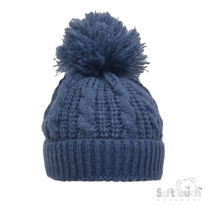 Cable Knit Pom Pom Turnover Hat - Steel Blue (NB-12m) (PK6) H16-SB
