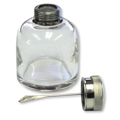 Round glass oil bottle with a nickel-plated brass lid and a traditional flattened blade applicator for gun maintenance.