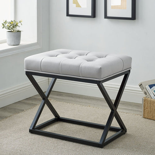 Chic Tufted Light Gray Ottoman with Modern X-Base - Versatile Footrest, Extra Seating & Accent for Any Room