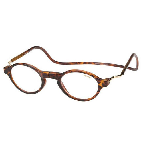 Clic Classic tortoise reader glasses with a front-connecting magnetic bridge and adjustable wraparound temples.