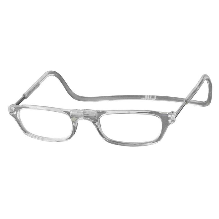 Clear CliC reading glasses with a magnetic front bridge and adjustable wraparound headband on a white background.
