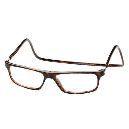 CliC reading glasses in a tortoise shell frame with a patented front magnetic closure and adjustable wrap-around headband.
