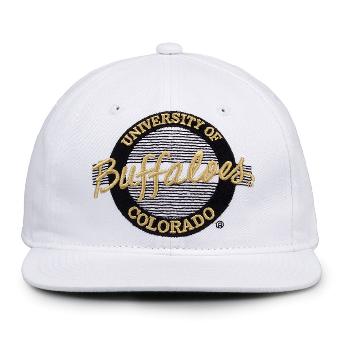 Colorado Retro Circle snapback hat in white, front view