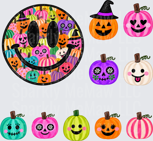 Colorful Halloween Pumpkin Smiley Face is a 10x10 UV DTF Cut and Stick Element Sheet