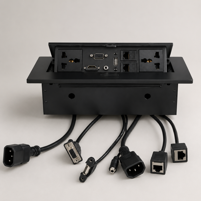 Conference Table Connectivity and Data Box Pop Up Box/Cable Cubby with HDMI, VGA, Audio, LAN and Power Ports (Black)