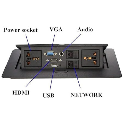 Conference Table Connectivity and Data Box Pop Up Box/Cable Cubby with HDMI, VGA, Audio, LAN and Power Ports (Black)
