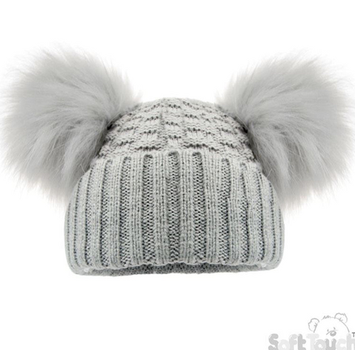 Deluxe Grey Checked/Striped Hat w/Pom Poms (NB-12m) (PK6) H670-G