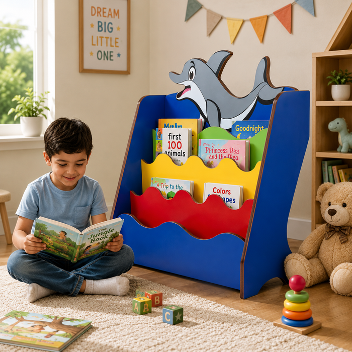 Dolphin Theme Kids Bookshelf with 4 Tier Front Facing Book Storage, Colorful Wave Shelves, Particle Board Book Rack