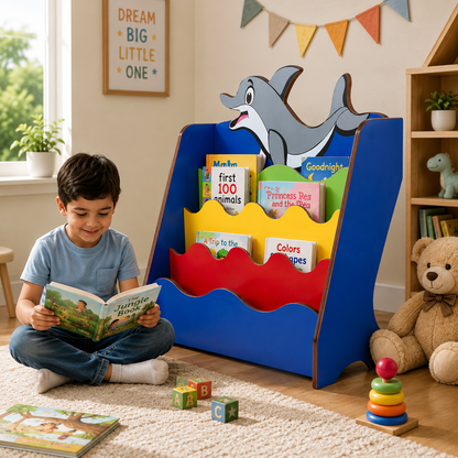 Dolphin Theme Kids Bookshelf with 4 Tier Front Facing Book Storage, Colorful Wave Shelves, Particle Board Book Rack