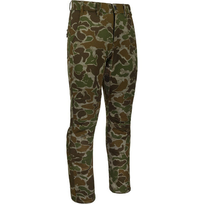 Drake MST Ultimate Wader Pants in camouflage print with articulated knees and stretch fabric for hunting.