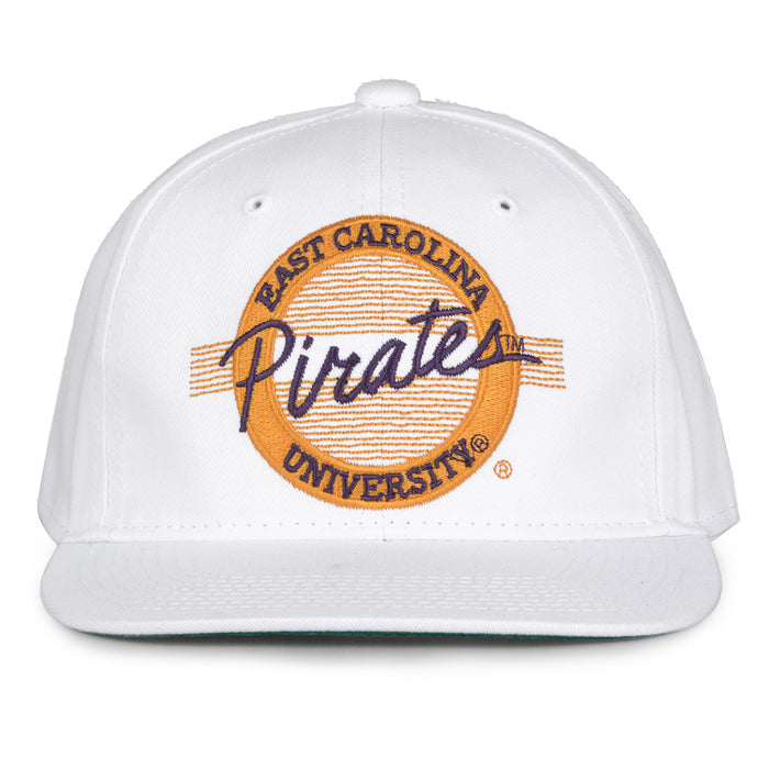East Carolina Retro Circle snapback hat in white, front view