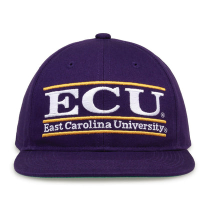 East Carolina Retro Bar snapback hat in purple, front view