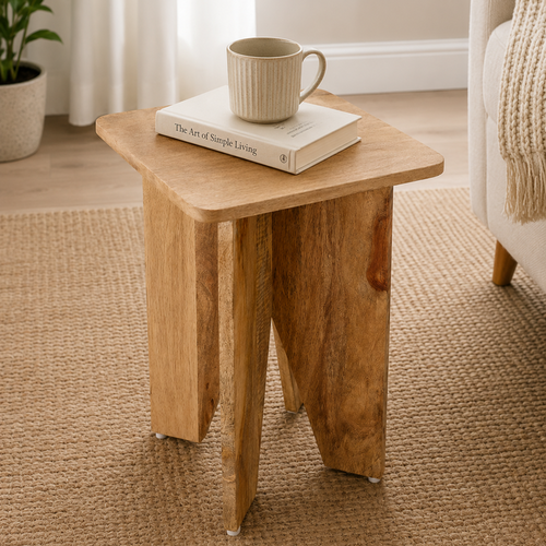 Elevate Solid Mango Wood Bedside Side Table, Modern Compact End Table with Sculptural Cross Base
