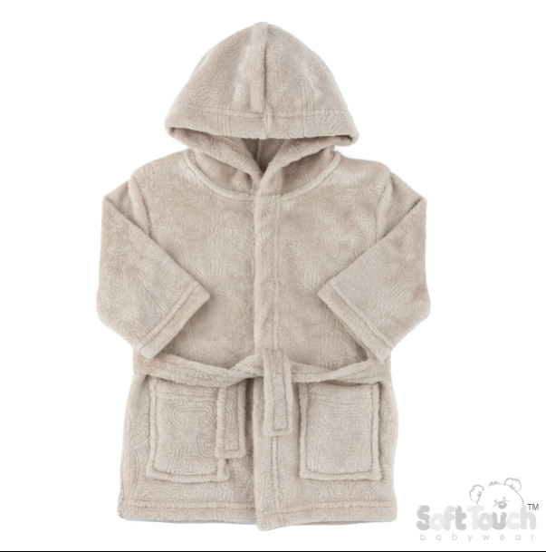 Embossed Hooded Robe - Biscuit/Animals (6-12m) (PK4) FBR305BI