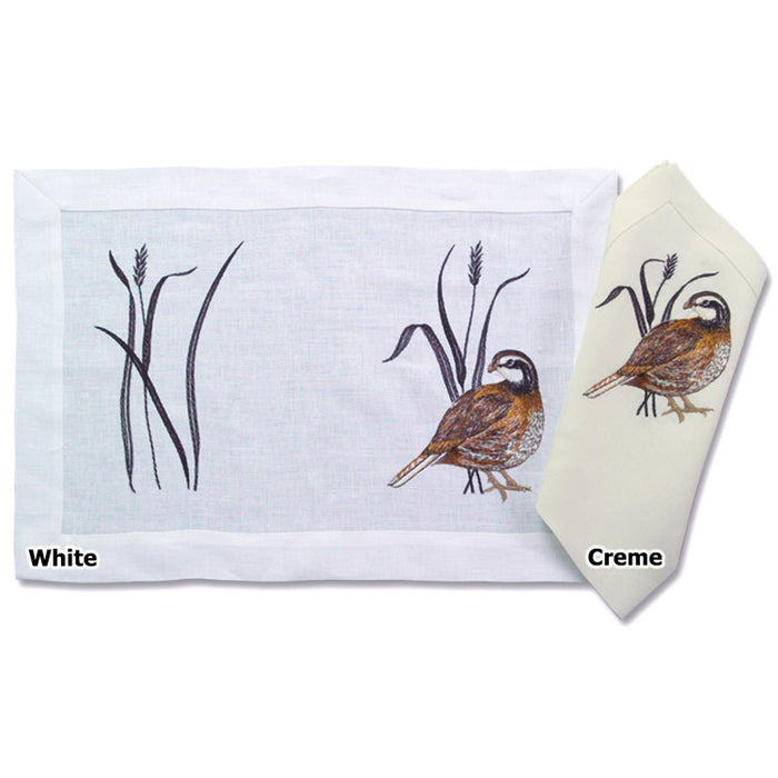 14" x 20" European linen placemats in white and creme featuring detailed embroidered gamebird and wheat motifs.