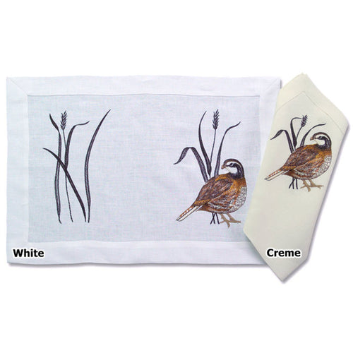 14" x 20" European linen placemats in white and creme featuring detailed embroidered gamebird and wheat motifs.