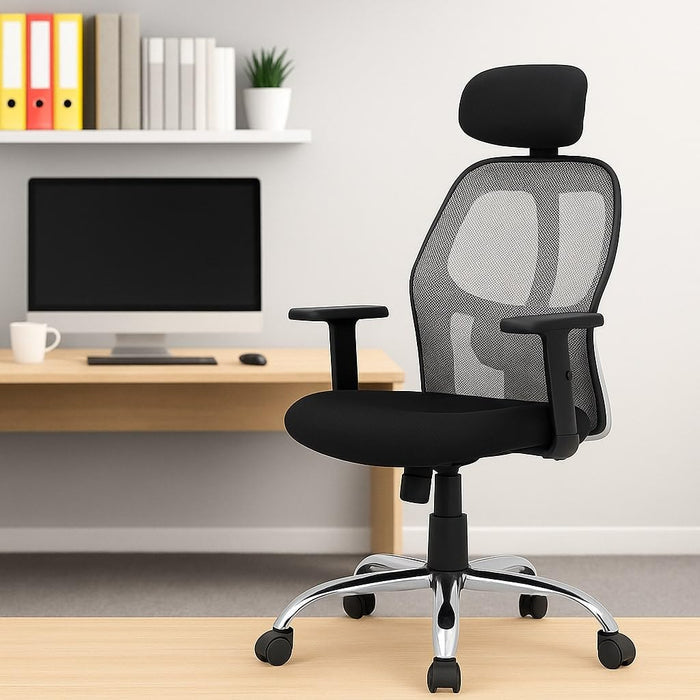 Black office chair with headrest in a home office setting