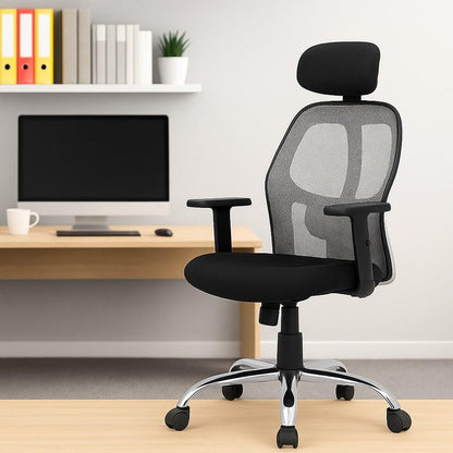 Black office chair with headrest in a home office setting