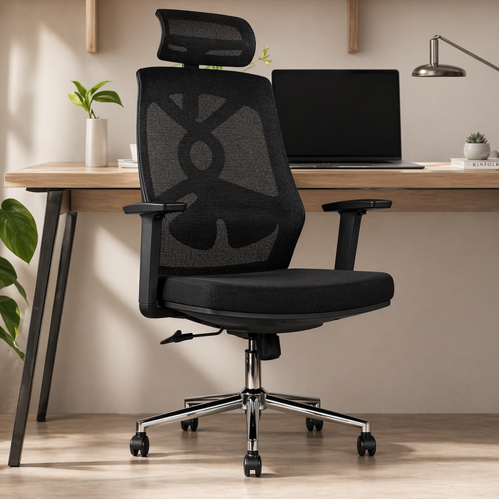 Ergonomic Mesh Chair with Adjustable Headrest, Breathable Mesh Back, Cushioned Seat, Tilt Mechanism and Chrome Base – Modern Office Chair
