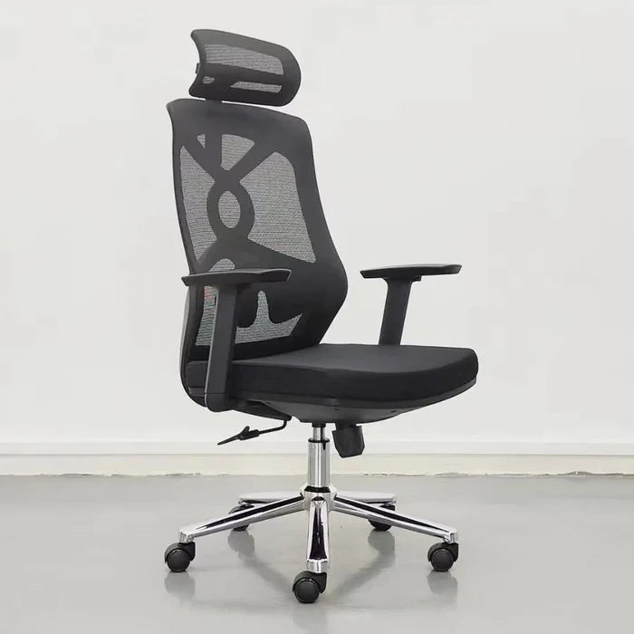 A black and gray office mesh chair with adjustable height, lumbar support, revolving base, and an adjustable headrest.