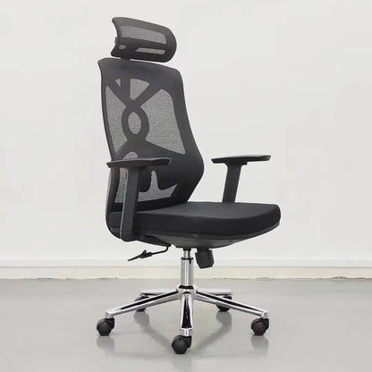 A black and gray office mesh chair with adjustable height, lumbar support, revolving base, and an adjustable headrest.