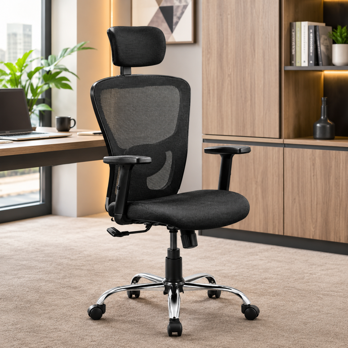 Executive High Back Ergonomic Mesh Office Chair with Adjustable Headrest, Fabric Seat, Lumbar Support, Tilt Mechanism & Chrome Base for Office