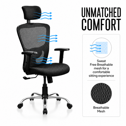 Executive High Back Ergonomic Mesh Office Chair with Adjustable Headrest, Fabric Seat, Lumbar Support, Tilt Mechanism & Chrome Base for Office