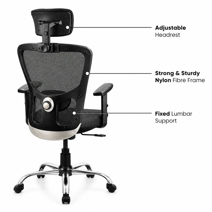 Executive High Back Ergonomic Mesh Office Chair with Adjustable Headrest, Fabric Seat, Lumbar Support, Tilt Mechanism & Chrome Base for Office