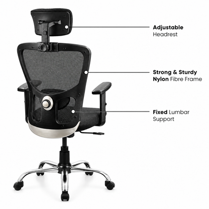 Executive High Back Ergonomic Mesh Office Chair with Adjustable Headrest, Fabric Seat, Lumbar Support, Tilt Mechanism & Chrome Base for Office