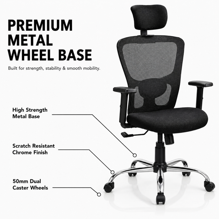 Executive High Back Ergonomic Mesh Office Chair with Adjustable Headrest, Fabric Seat, Lumbar Support, Tilt Mechanism & Chrome Base for Office